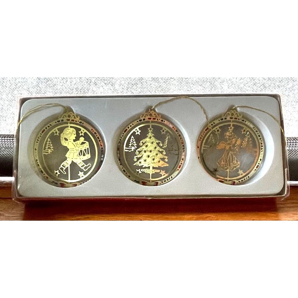 Vintage Taiwan Brass Christmas Ornaments Set 3 Drummer Angel Tree Original Box